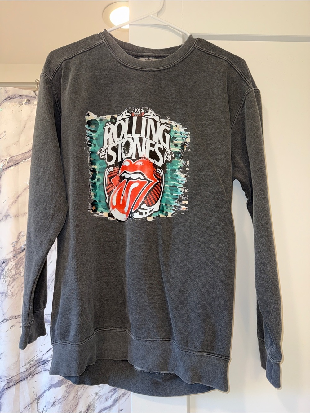 the Rolling Stones Charcoal Crewneck Sweatshirt with Red Tongue Graphic